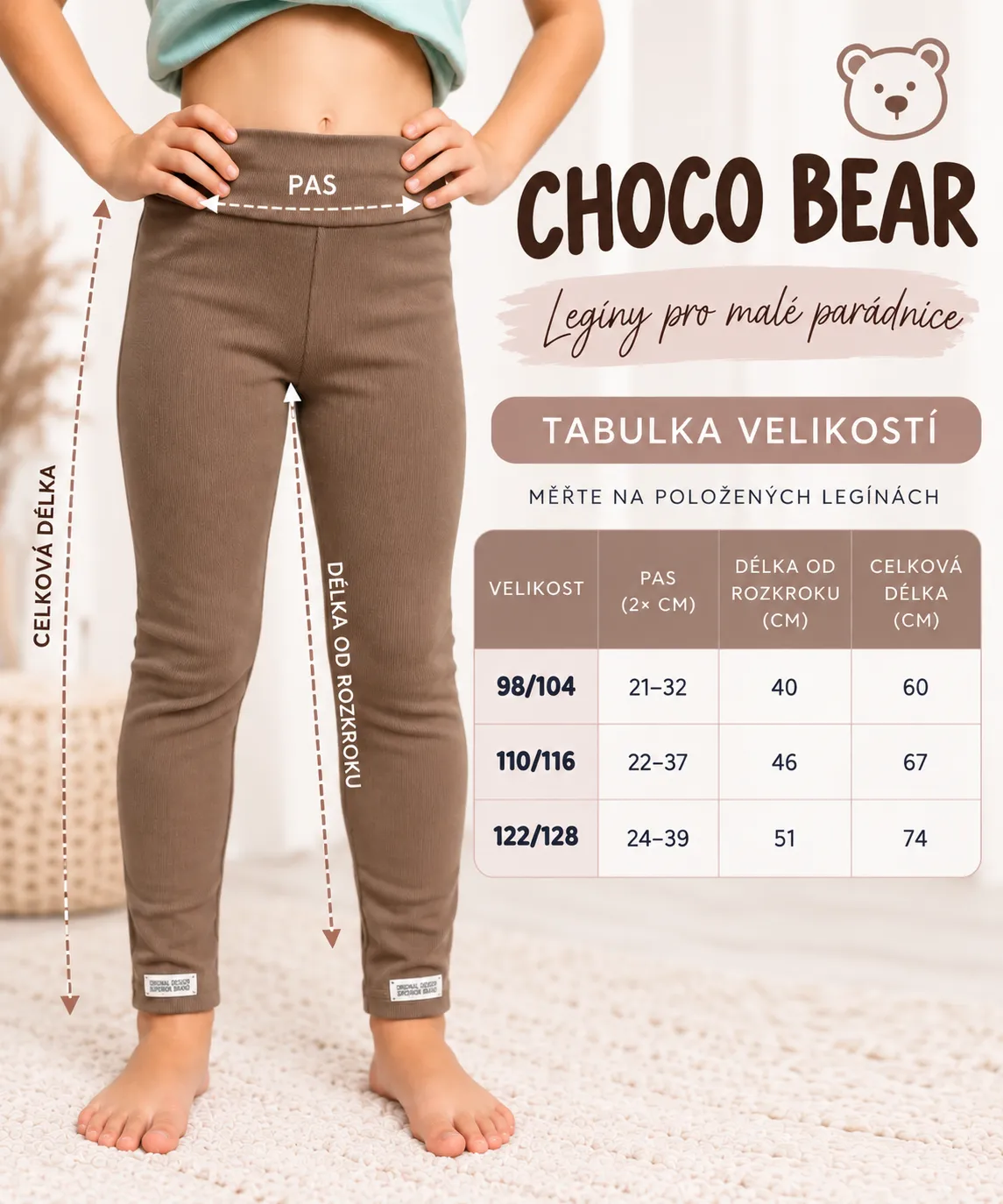 Středně zateplené legíny - CHOCO BEAR - velikosti od 98 do 128