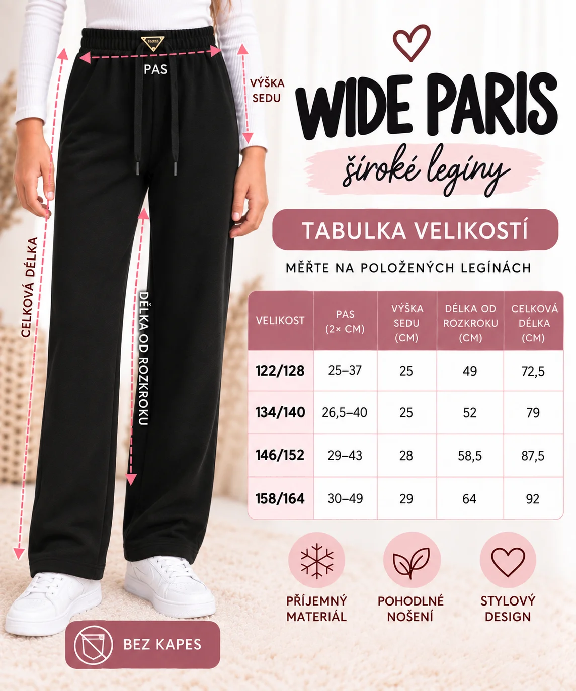 Středně zateplené široké legíny - WIDE PARIS BLACK - velikosti od 122 do 164